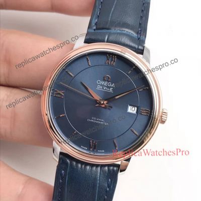 Best Copy Omega De Ville Prestige Rose Gold Case Blue Dial Leather Band Watch